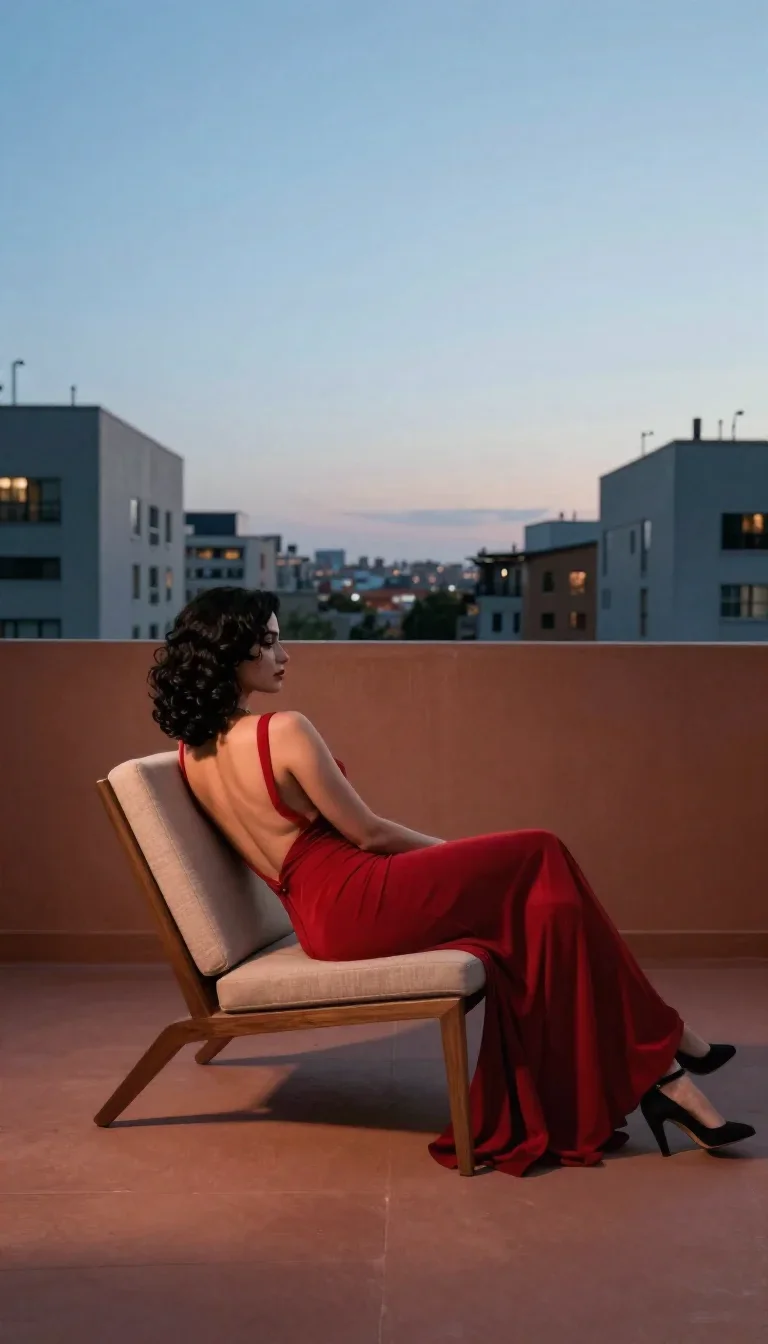 a femme fatale in a crimson backless gown reclining elegantly on a chaise, in a blue-hour city apartment, National Geogr