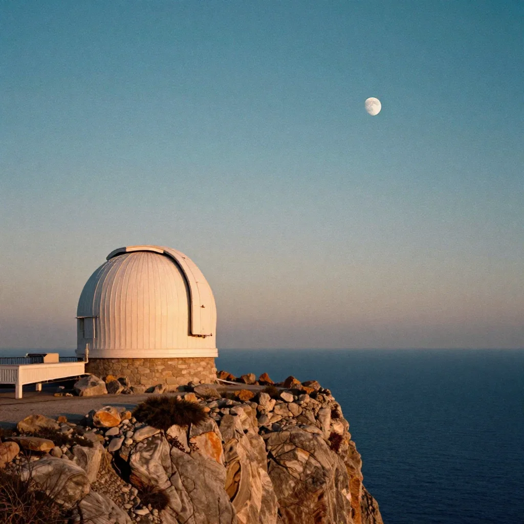 a cliffside observatory at moonrise, soft-grain analog film photography, calm negative space, cobalt and amber palette, 