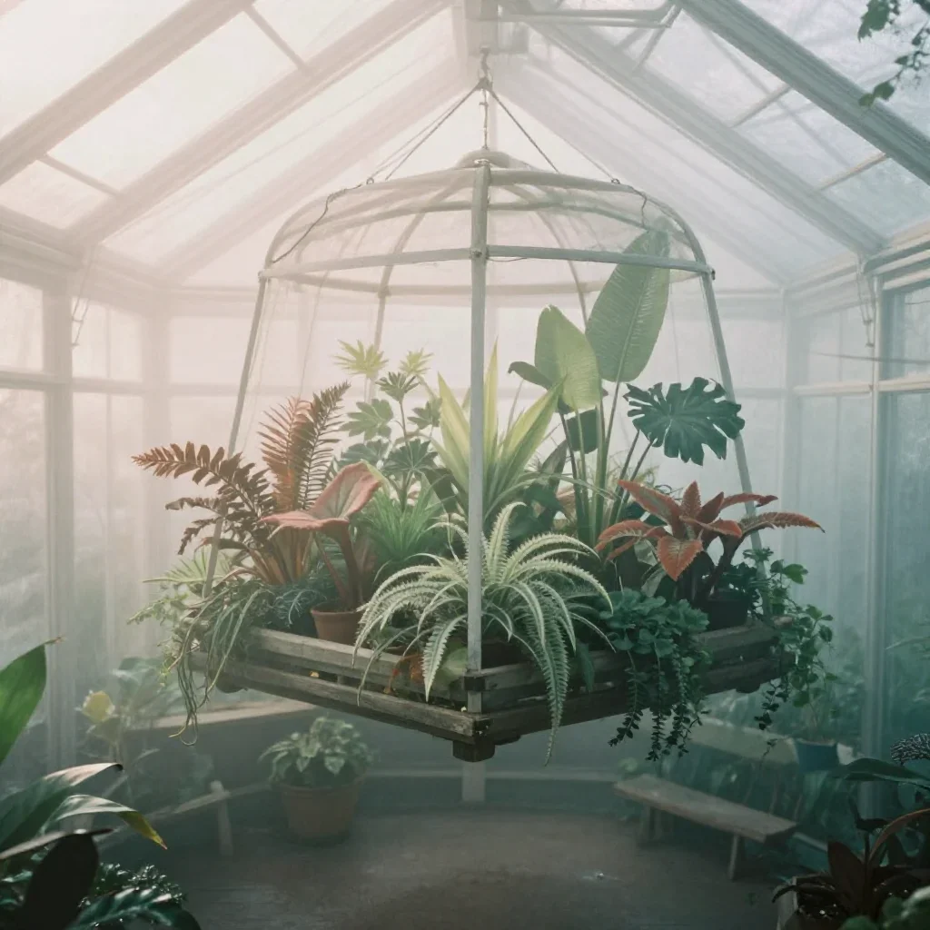 a floating botanical conservatory under soft dawn fog, soft-grain analog film photography, soft volumetric light, rust a