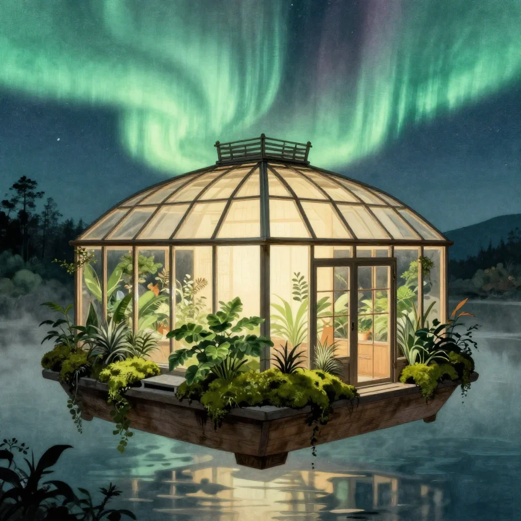 a floating botanical conservatory beneath an aurora, Japanese woodblock-inspired editorial art, gentle reflected light,