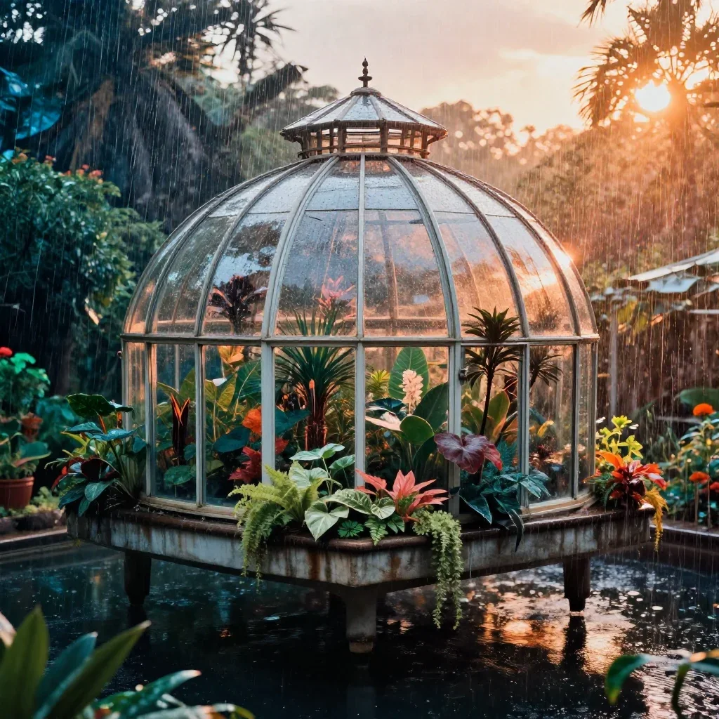 a floating botanical conservatory after warm summer rain, dreamlike fine-art landscape photography, subtle film grain, c
