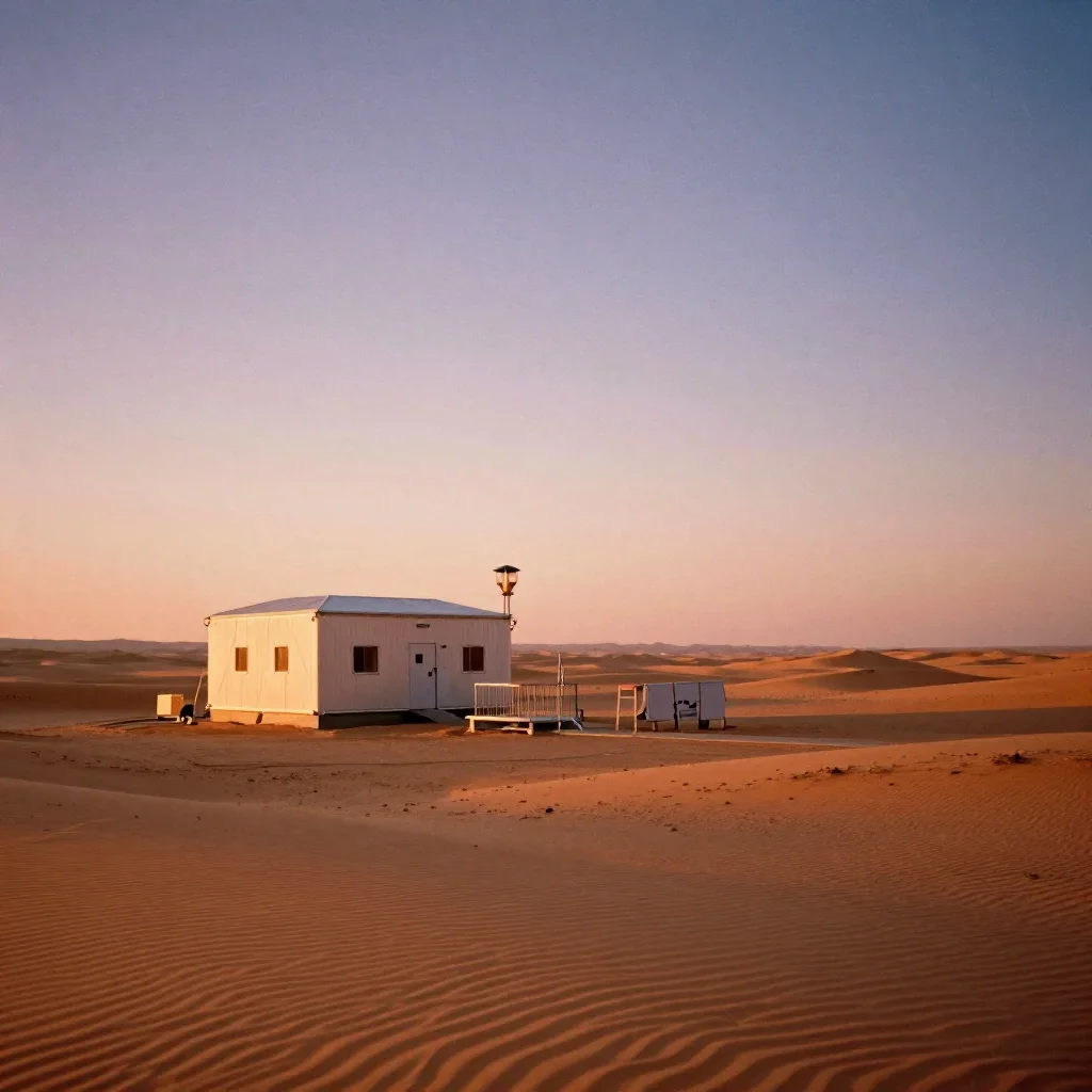a desert research station during golden hour, soft-grain analog film photography, gentle reflected light, ochre and ultr