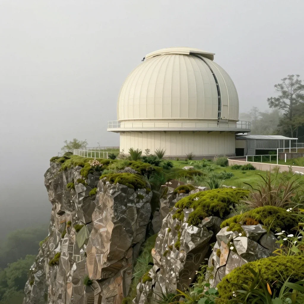 a cliffside observatory in early spring mist, contemporary botanical illustration, careful geometric composition, moss g