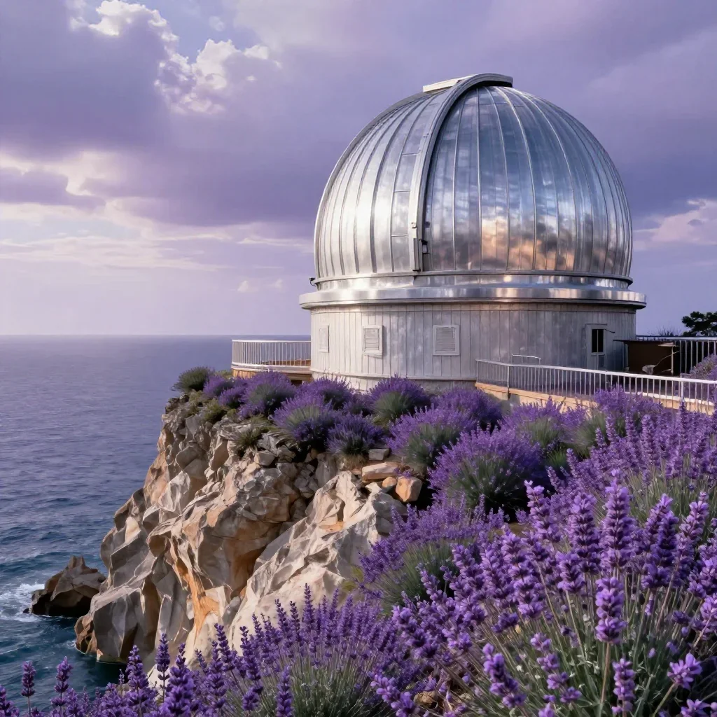 a cliffside observatory in a gentle sea breeze, cinematic architectural photography, crisp material detail, lavender and