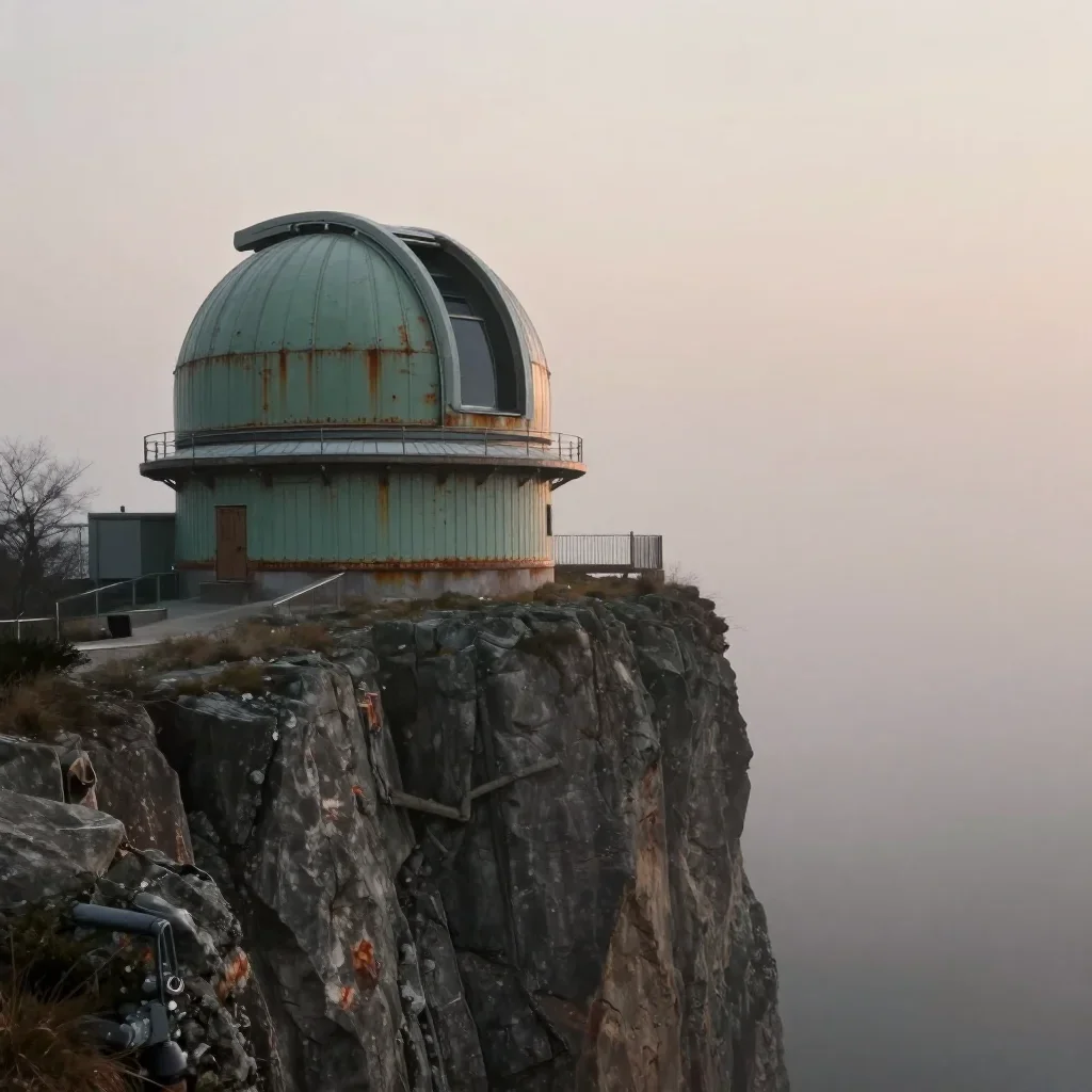 a cliffside observatory under soft dawn fog, quiet science-fiction concept art, weathered tactile surfaces, rust and sag