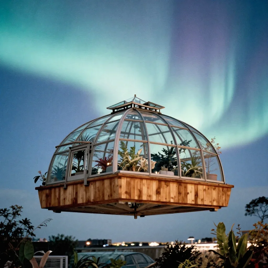 a floating botanical conservatory beneath an aurora, soft-grain analog film photography, clean natural textures, ice blue and warm cedar palette, no people, no text, no logo, no watermark