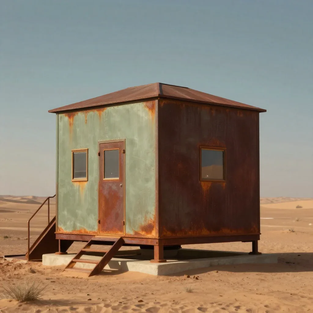 a desert research station in quiet late-afternoon haze, museum-quality still-life photography, careful geometric composi