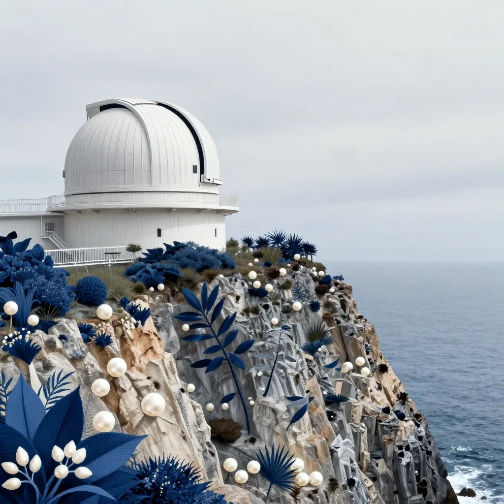 a cliffside observatory under overcast coastal light, contemporary botanical illustration, clean natural textures, indig