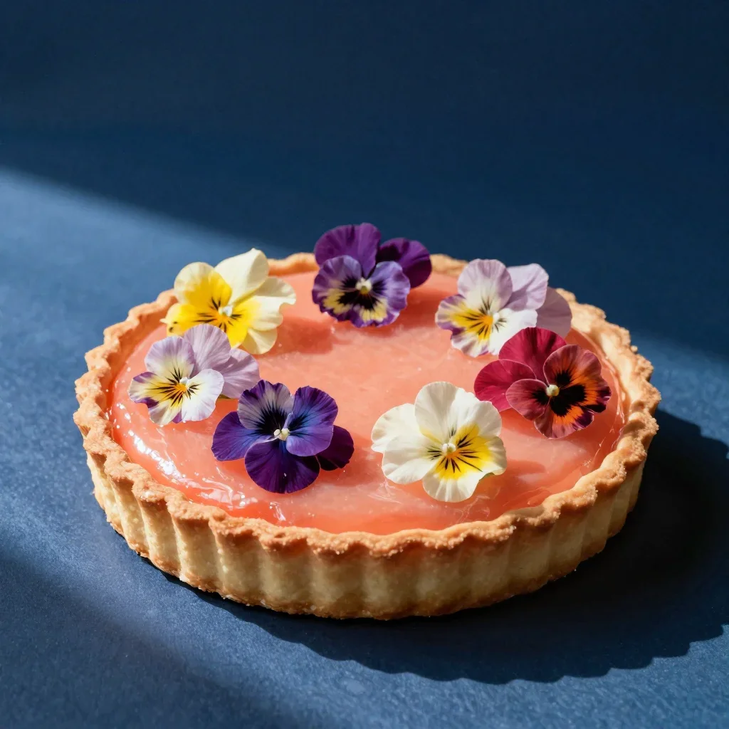 a citrus tart with edible flowers at first light, Japanese woodblock-inspired editorial art, subtle film grain, coral an