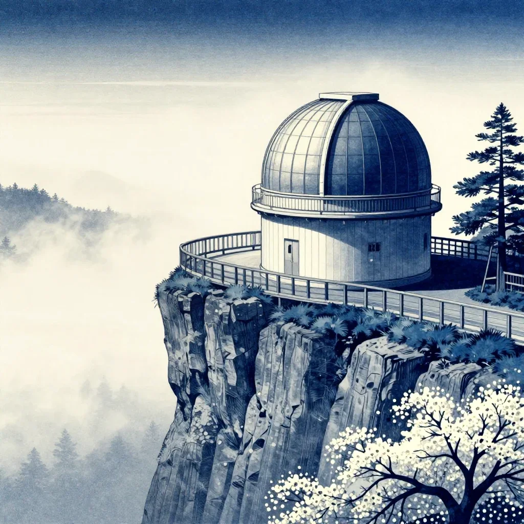 a cliffside observatory in early spring mist, Japanese woodblock-inspired editorial art, careful geometric composition, 