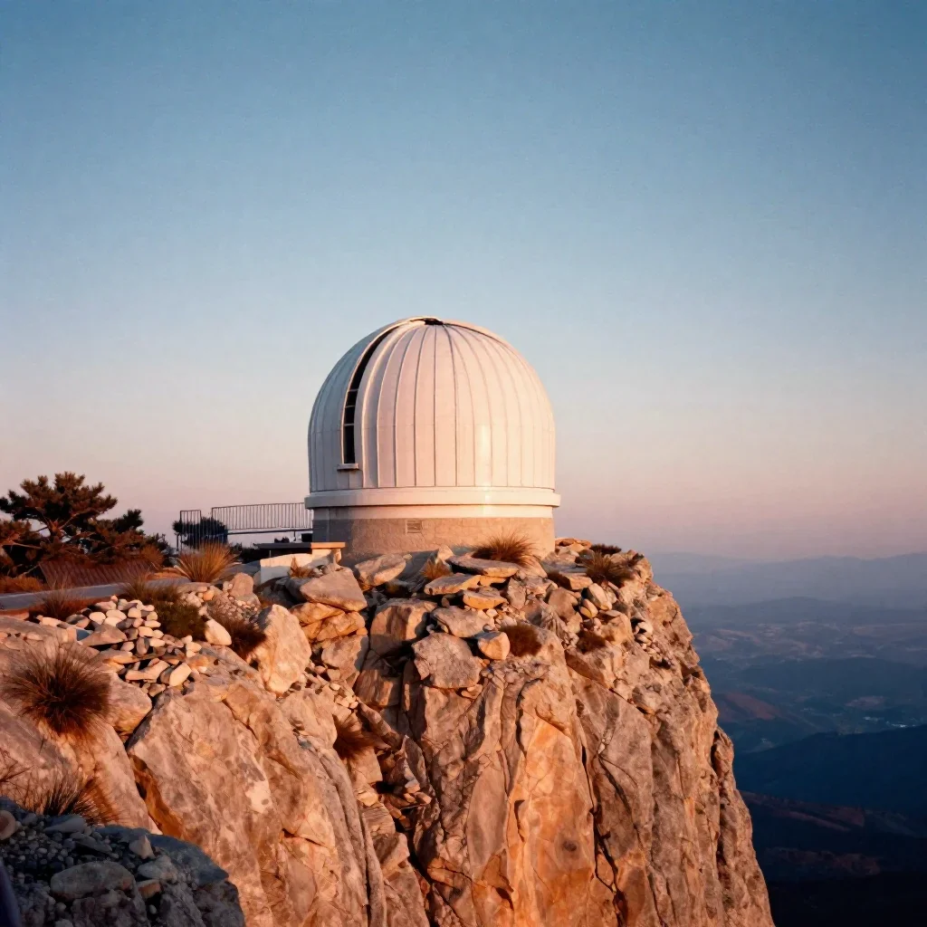 a cliffside observatory in crisp winter sunlight, soft-grain analog film photography, soft volumetric light, ochre and u
