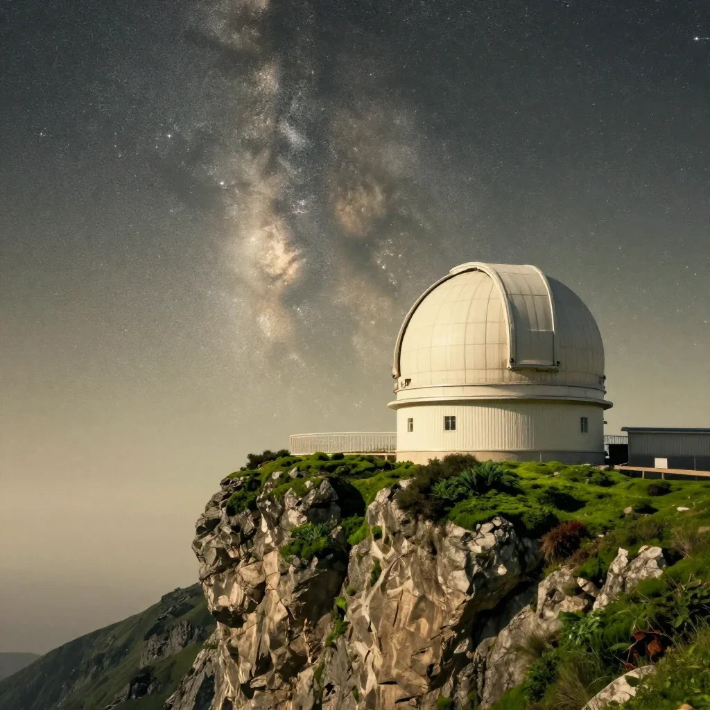 a cliffside observatory beneath a star-filled sky, dreamlike fine-art landscape photography, calm negative space, moss g