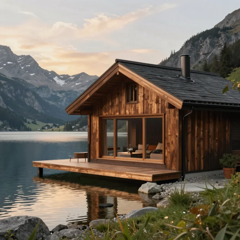 a cedar cabin beside an alpine lake during golden hour, high-end design magazine photography, crisp material detail, mos