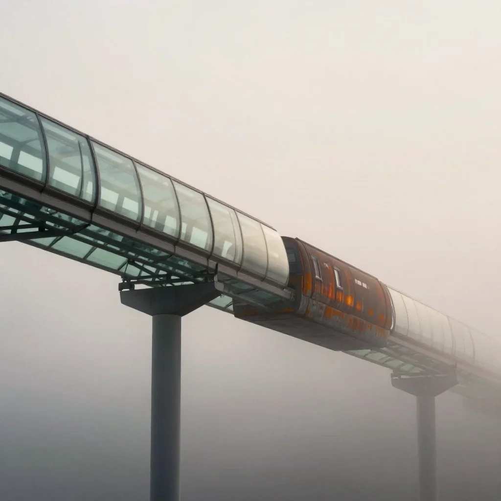 a glass monorail under soft dawn fog, quiet science-fiction concept art, careful geometric composition, rust and sage pa