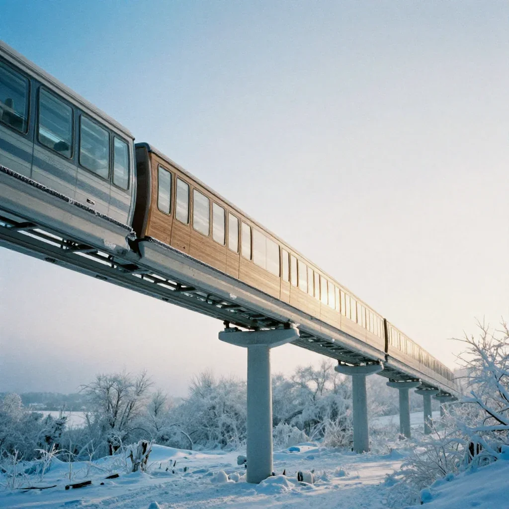 a glass monorail in crisp winter sunlight, dreamlike fine-art landscape photography, subtle film grain, ice blue and war