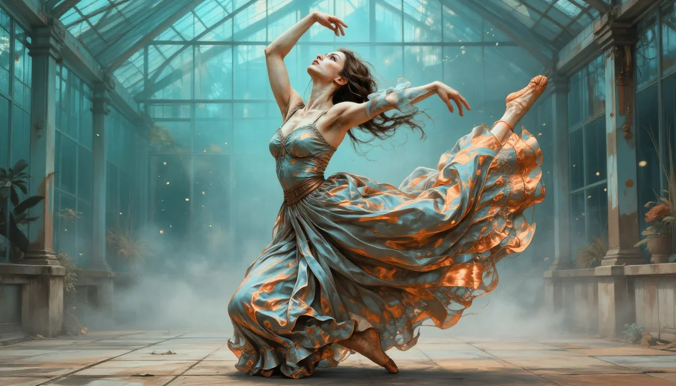 a dancer mid-spin in a silk maxi dress in a low lunge with a lifted chin, in a greenhouse humid with mist, Renaissance c