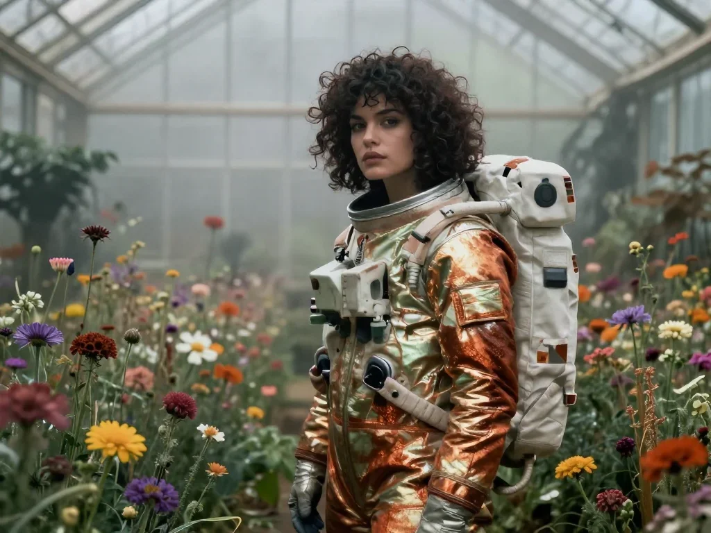 an astronaut in a reflective bodysuit among wildflowers in an alluring over-the-shoulder glance, in a greenhouse humid w