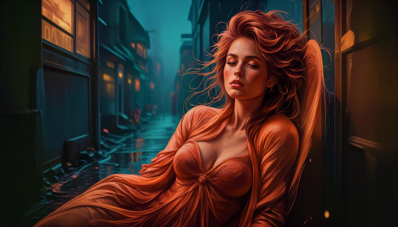 a muse with freckles and wind-tousled copper hair reclining elegantly on a chaise, in a rain-slick neon alley, National