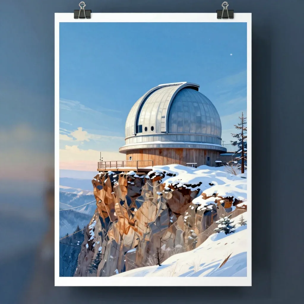 a cliffside observatory in crisp winter sunlight, modernist poster illustration, clean natural textures, ice blue and wa