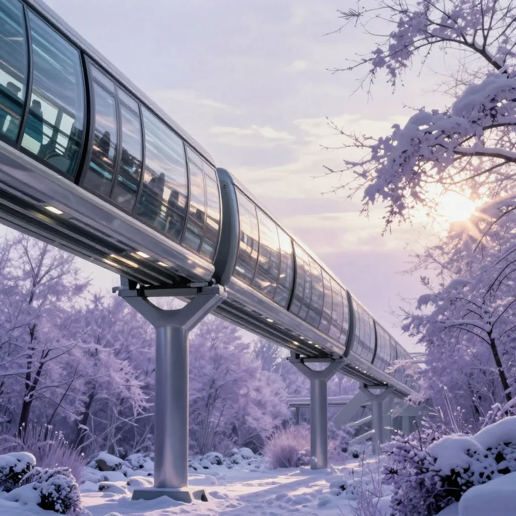 a glass monorail in crisp winter sunlight, cinematic architectural photography, gentle reflected light, lavender and sil