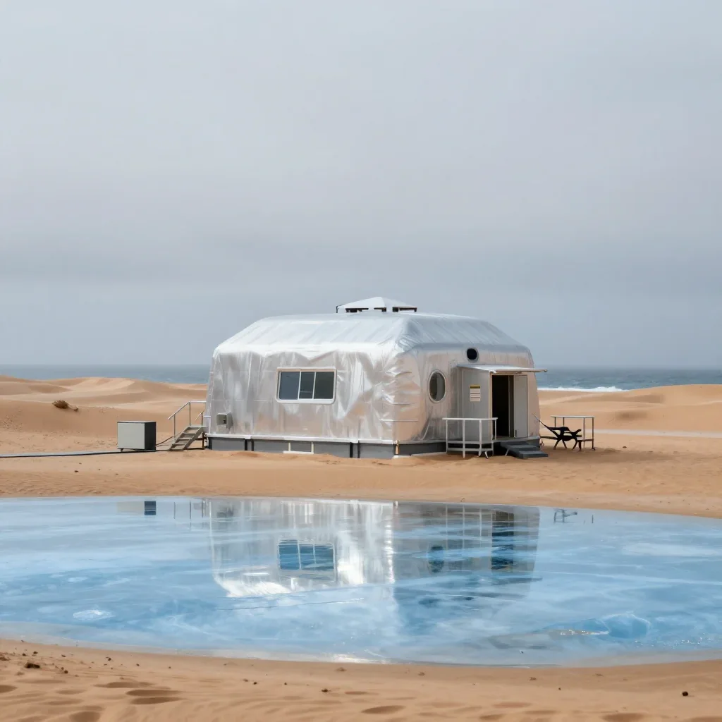 a desert research station under overcast coastal light, museum-quality still-life photography, gentle reflected light, i