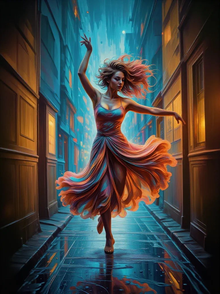 a dancer mid-spin in a silk maxi dress in a graceful contrapposto pose, in a rain-slick neon alley, Wong Kar-wai colour