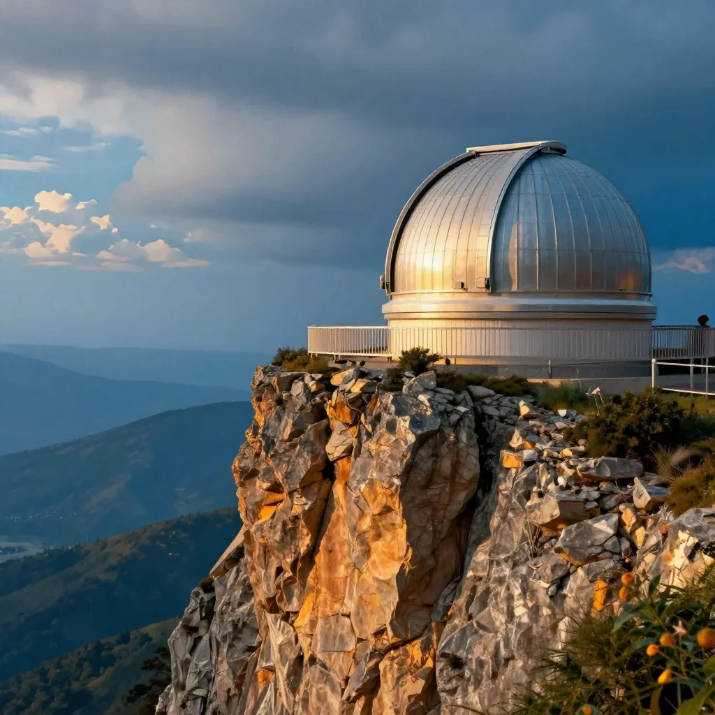 a cliffside observatory after warm summer rain, dreamlike fine-art landscape photography, atmospheric depth, cobalt and 
