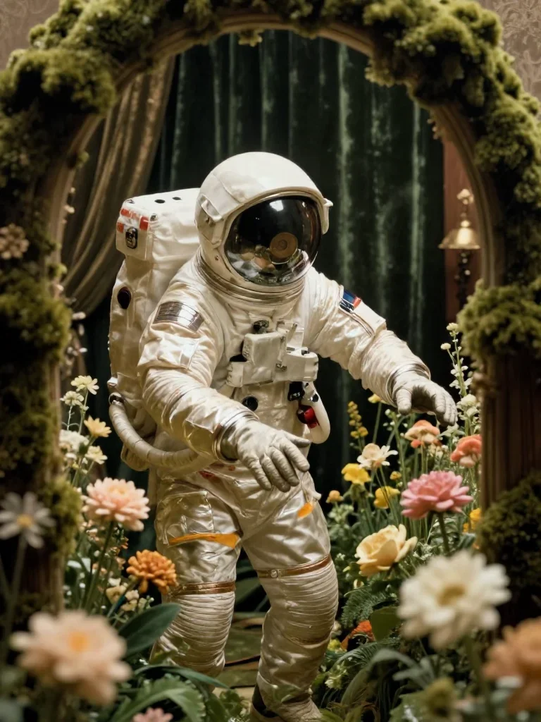 an astronaut in a reflective bodysuit among wildflowers in a gentle reach toward the lens, in a velvet-curtained boudoir