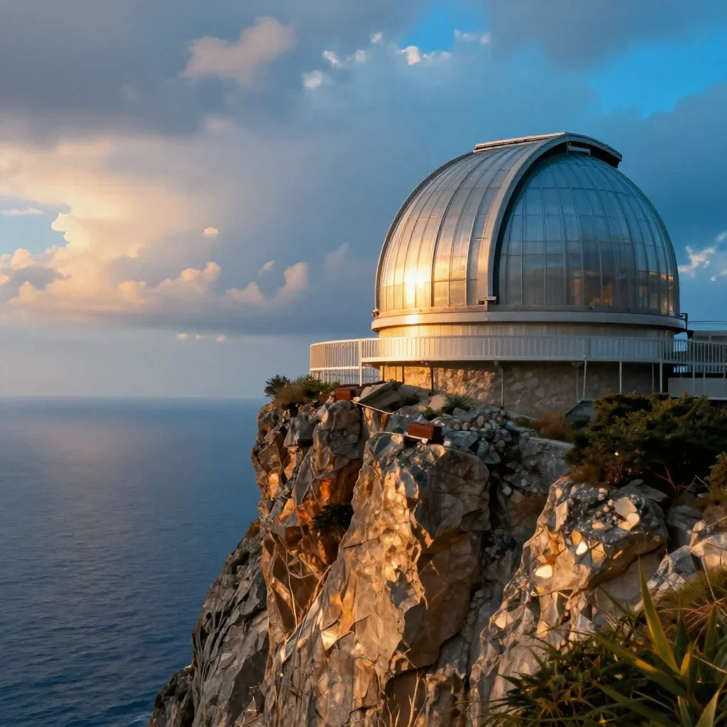 a cliffside observatory after warm summer rain, dreamlike fine-art landscape photography, gentle reflected light, cobalt