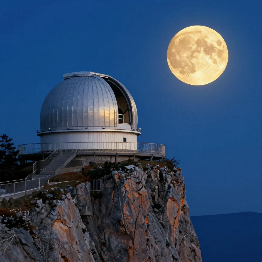 a cliffside observatory at moonrise, Japanese woodblock-inspired editorial art, crisp material detail, cobalt and amber 
