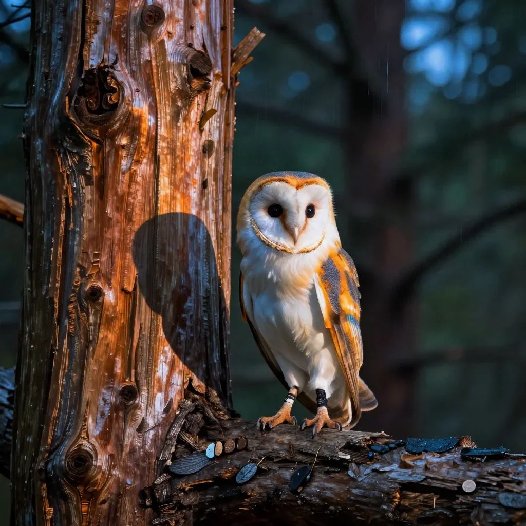 a barn owl in an old cedar after warm summer rain, museum-quality still-life photography, restrained color harmony, coba
