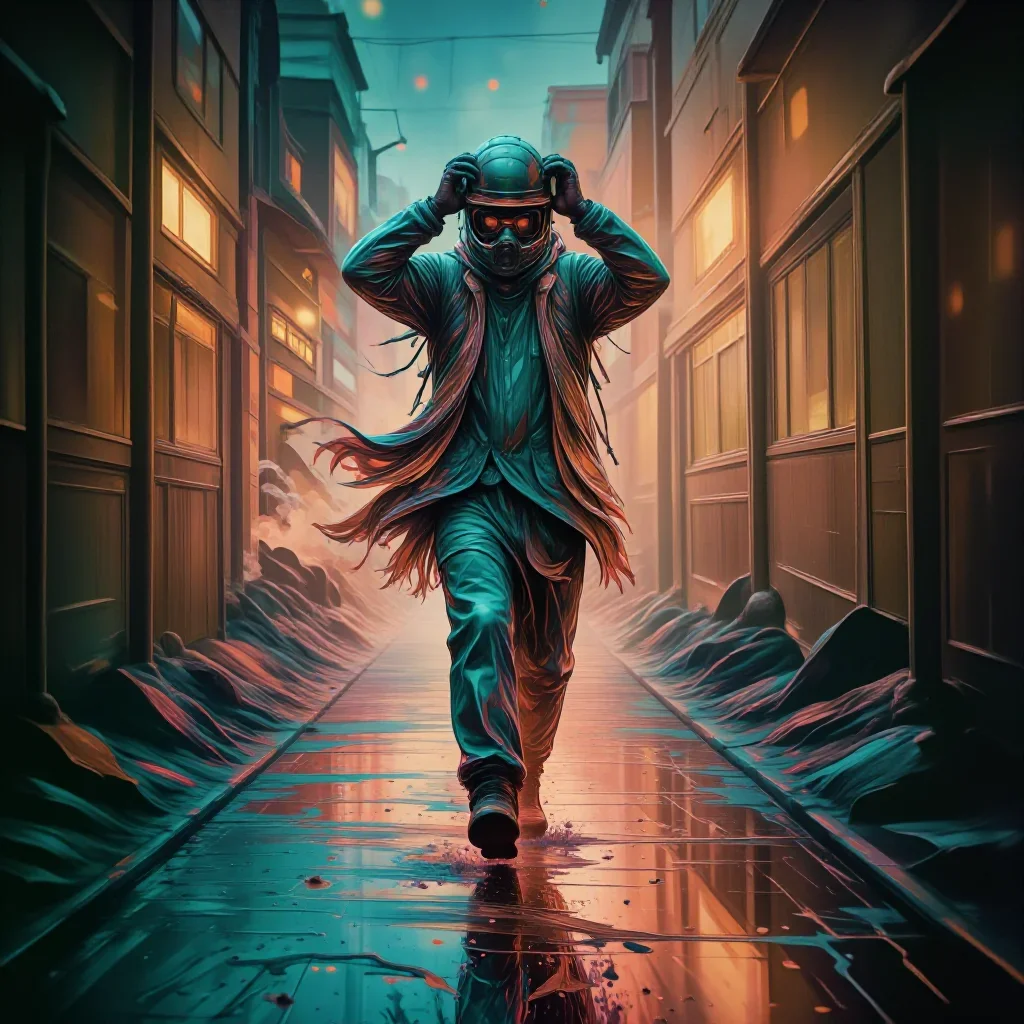 a rider removing a helmet, flushed and windblown in a confident cinematic stride, in a rain-slick neon alley, high-fashi