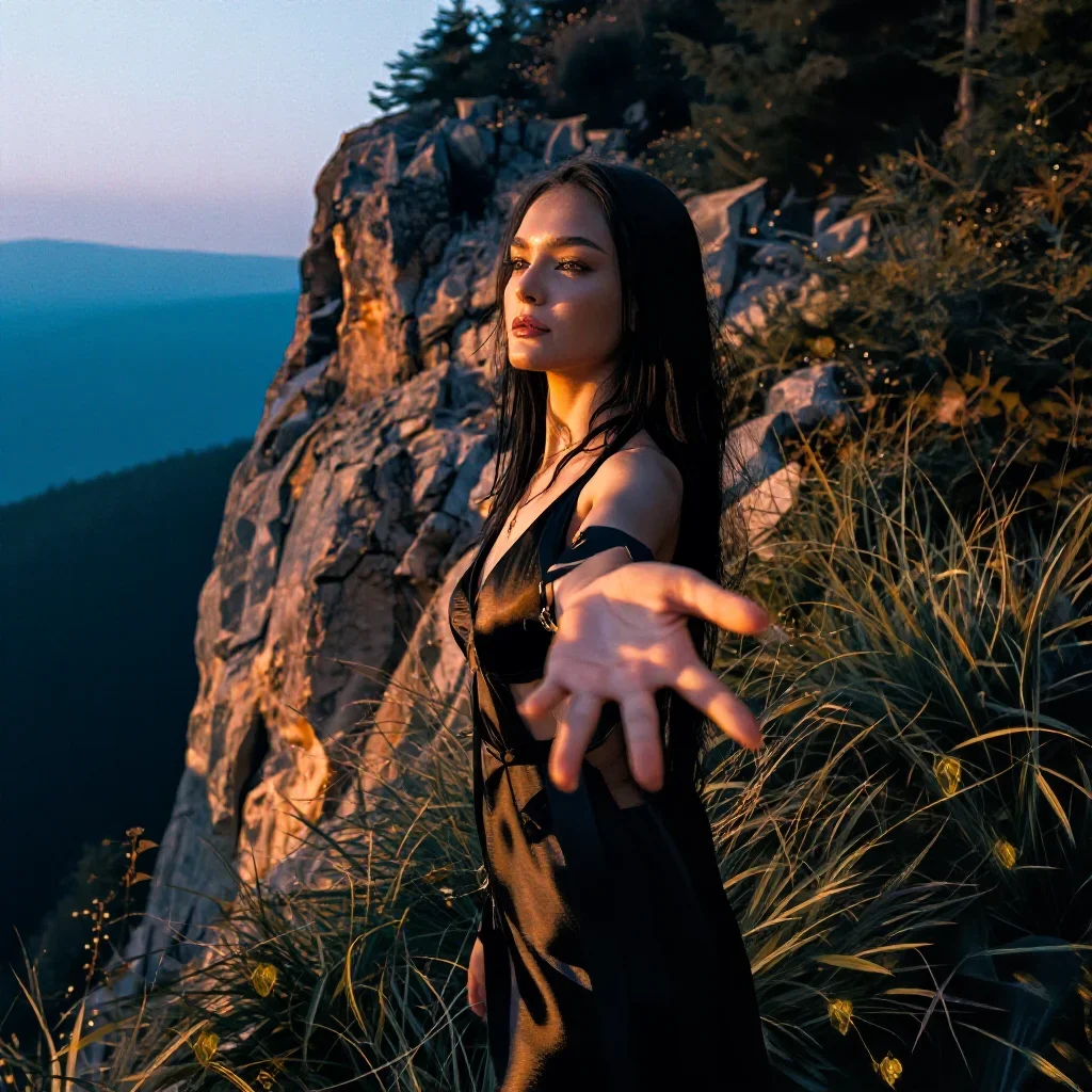 a travel influencer posing on a cliffside at golden hour in a gentle reach toward the lens, in a dewy forest clearing, h