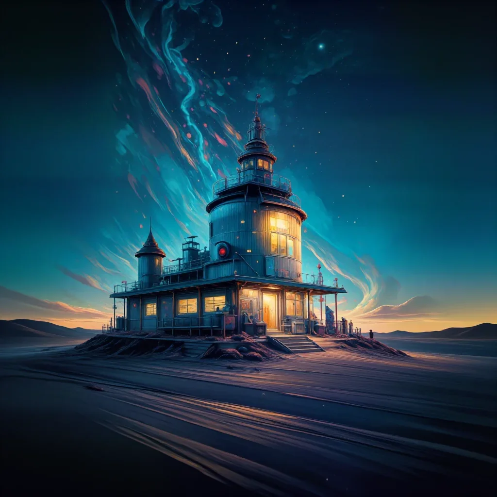 a desert research station at blue hour, Japanese woodblock-inspired editorial art, gentle reflected light, cobalt and am