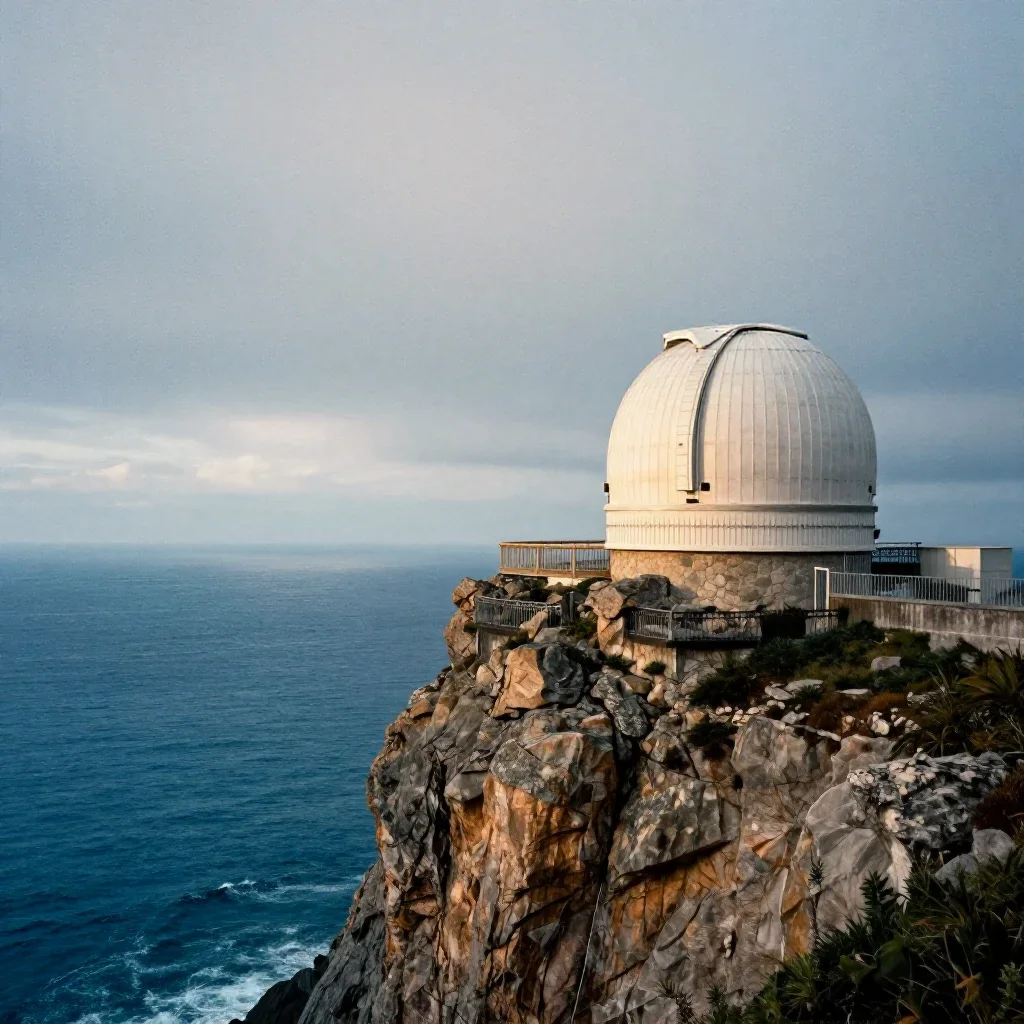 a cliffside observatory under overcast coastal light, dreamlike fine-art landscape photography, subtle film grain, cobal