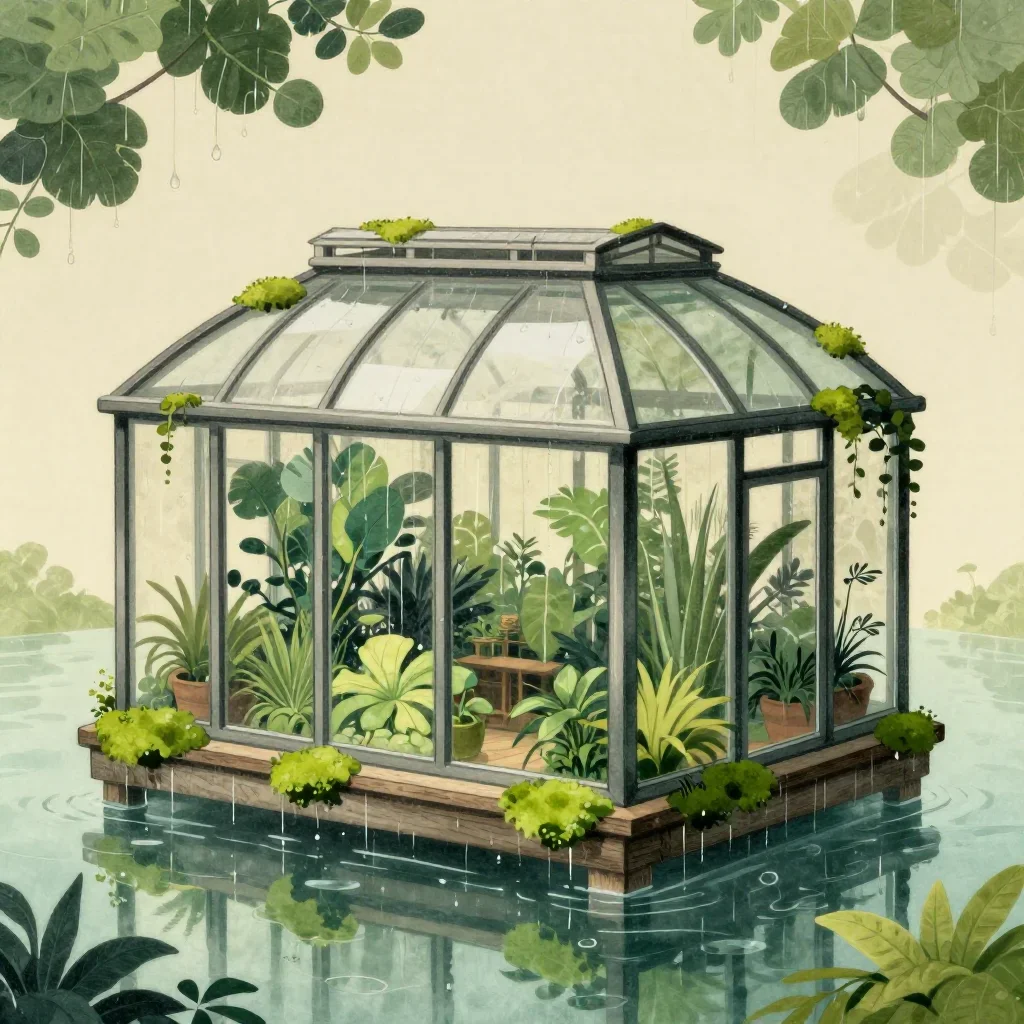 a floating botanical conservatory after warm summer rain, Japanese woodblock-inspired editorial art, gentle reflected li