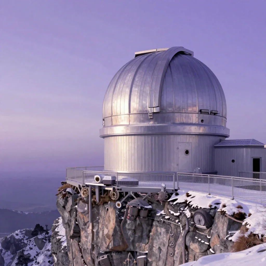 a cliffside observatory in crisp winter sunlight, quiet science-fiction concept art, crisp material detail, lavender and