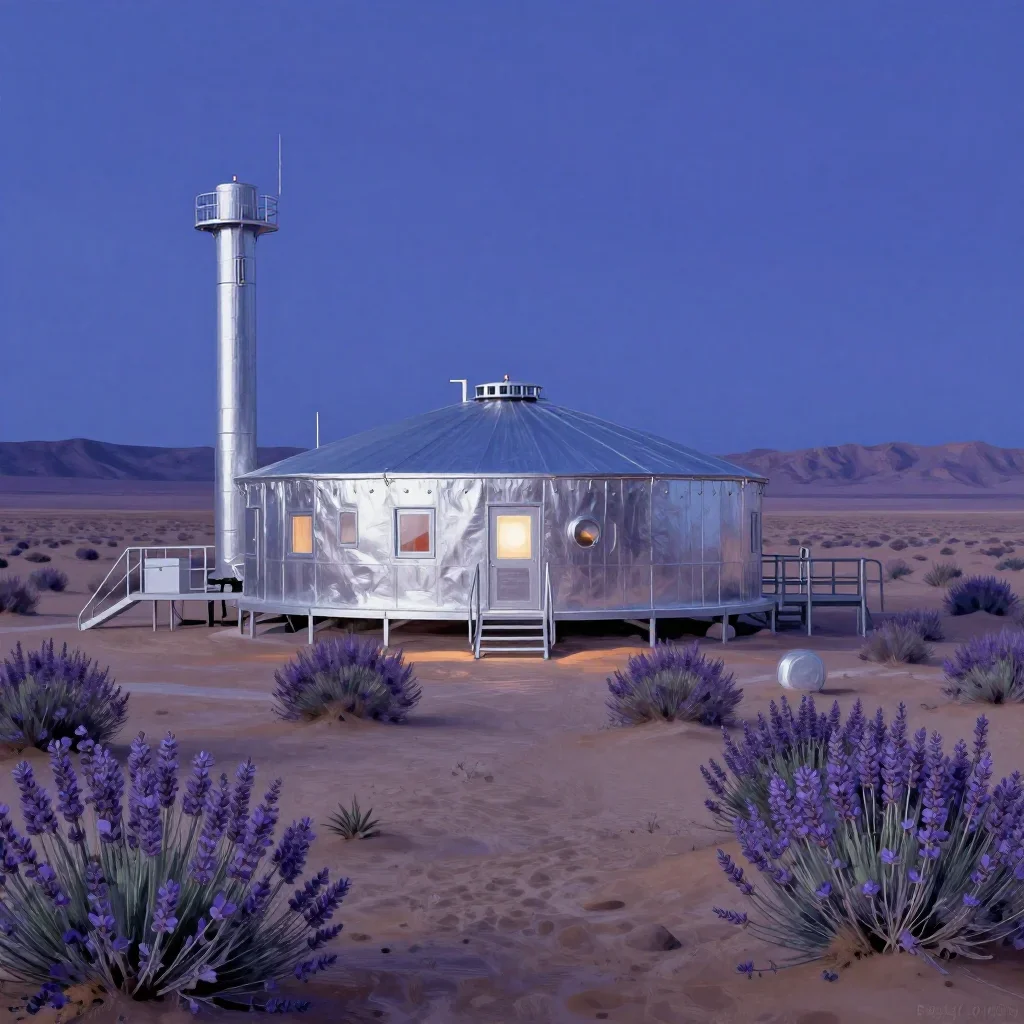 a desert research station at blue hour, contemporary botanical illustration, restrained color harmony, lavender and silv