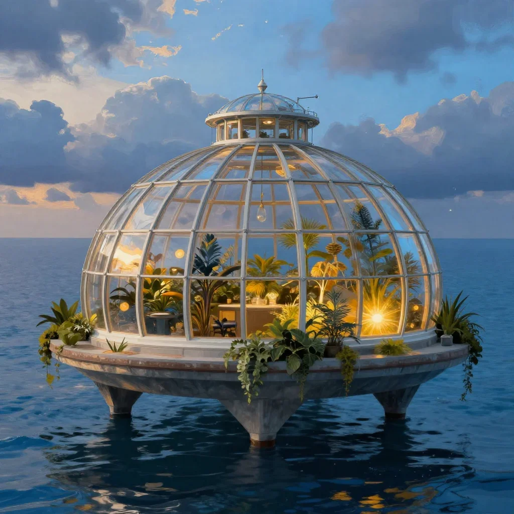 a floating botanical conservatory in a gentle sea breeze, quiet science-fiction concept art, clean natural textures, cob