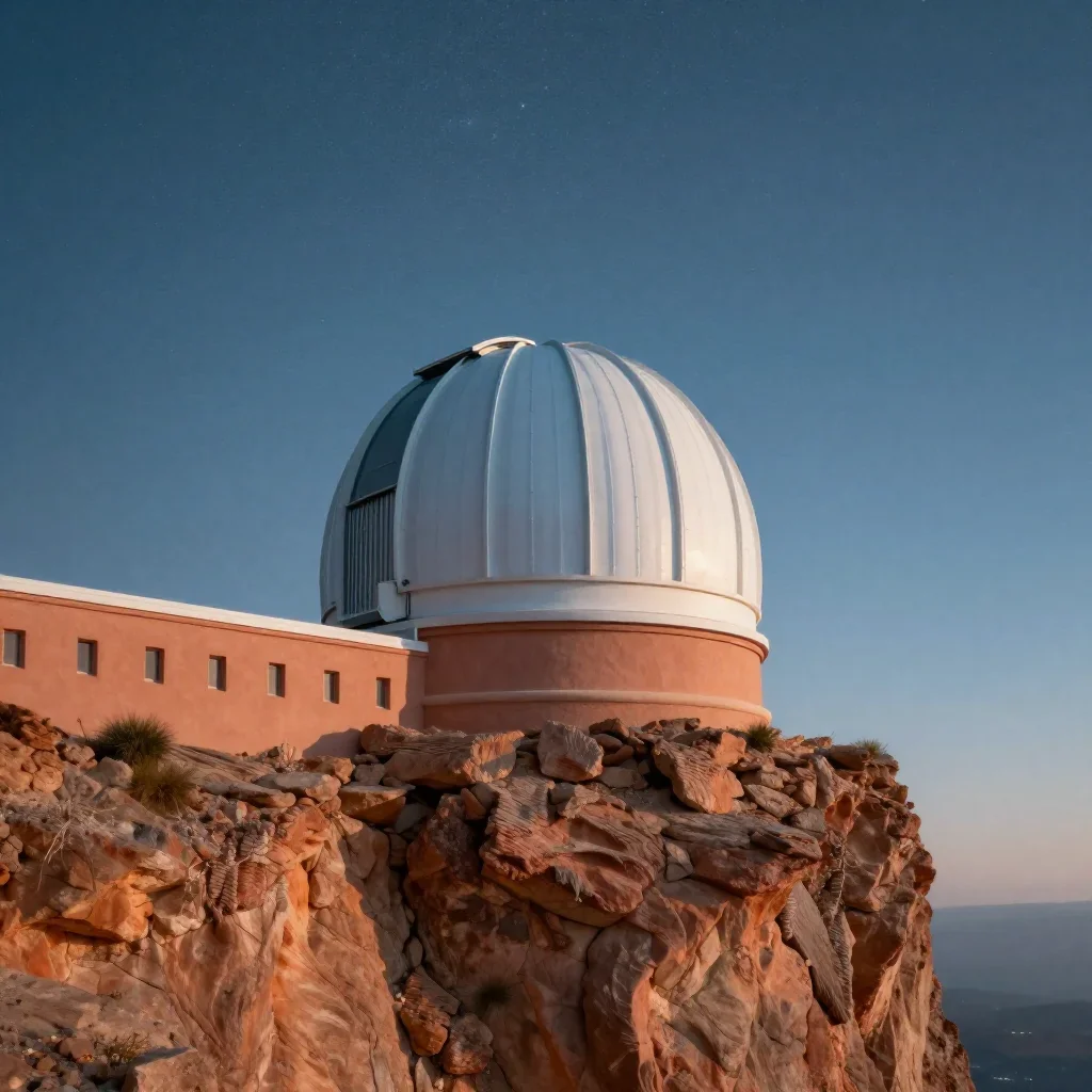 a cliffside observatory beneath a star-filled sky, cinematic architectural photography, soft volumetric light, terracott