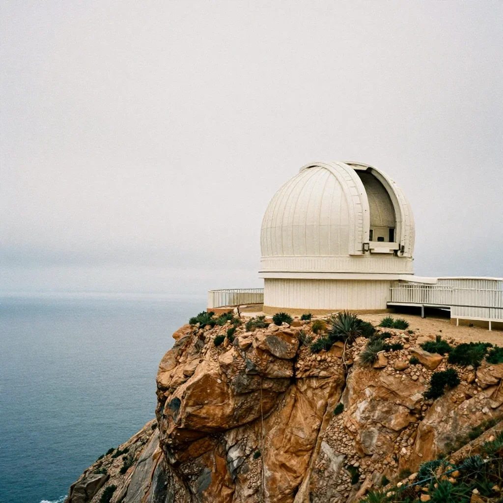 a cliffside observatory under overcast coastal light, soft-grain analog film photography, subtle film grain, ochre and u
