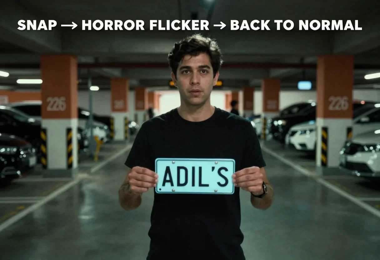 === SNAP → HORROR FLICKER → BACK TO NORMAL (garage) — V2V on <<<video_1>>> (gemini_part2) (~8s, match source) === ⚠️ SOURCE LOCK: build on <<<video_1>>> — keep the REAL plate: Adil's identity/face, his exact gestures/...