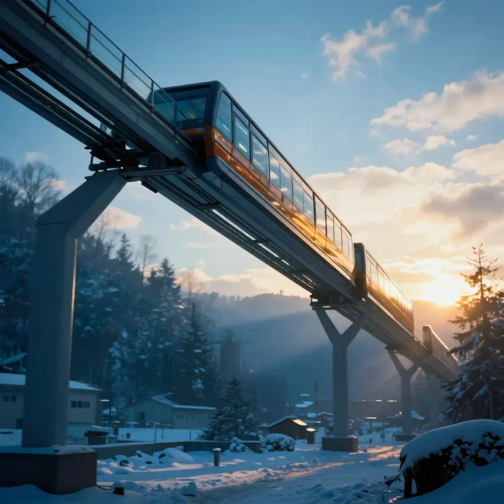 a glass monorail in crisp winter sunlight, cinematic architectural photography, atmospheric depth, cobalt and amber pale
