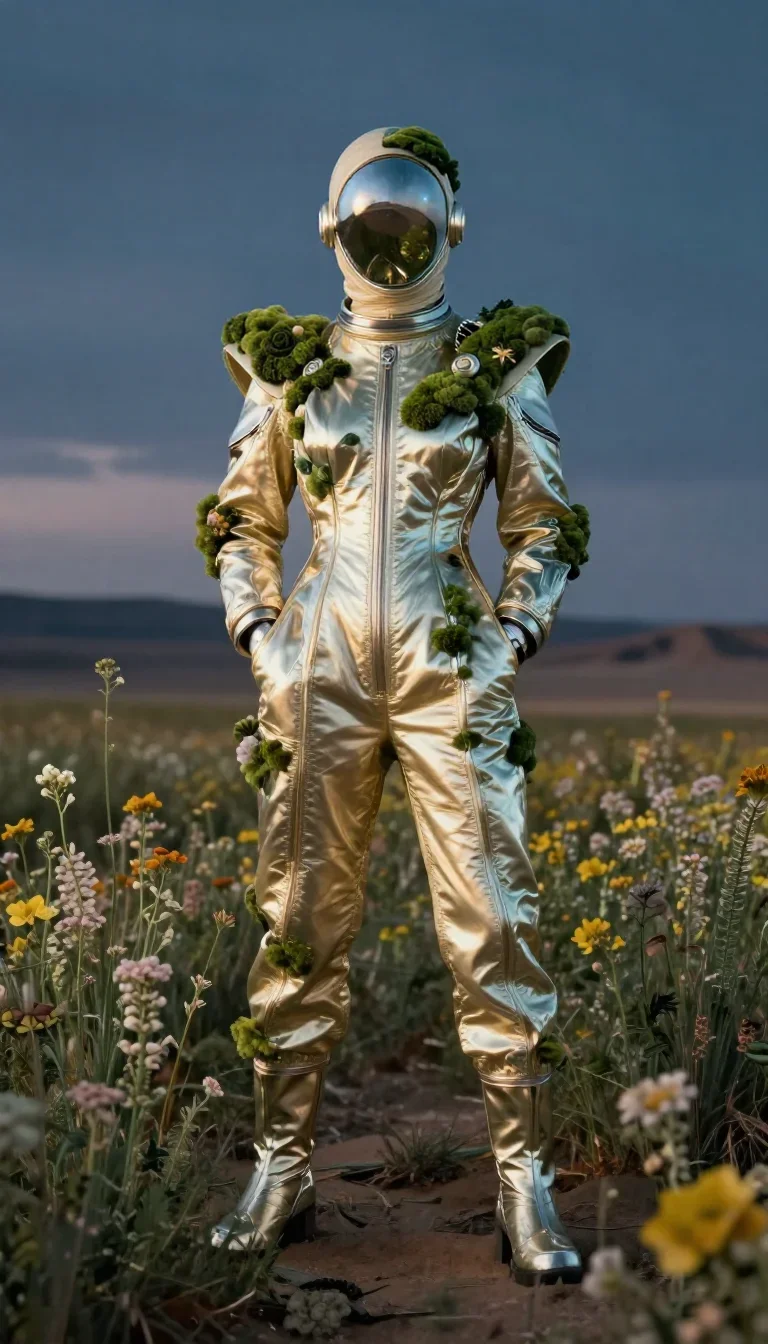 an astronaut in a reflective bodysuit among wildflowers standing tall with hands in pockets, in a silent desert at twili