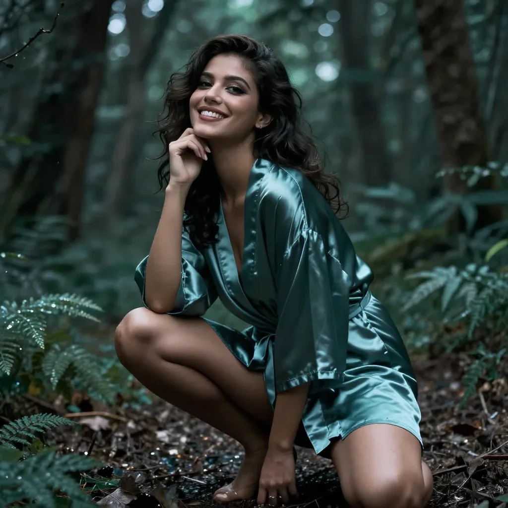 a smiley lounge singer in a satin robe in a low lunge with a lifted chin, in a dewy forest clearing, neo-noir cinematic
