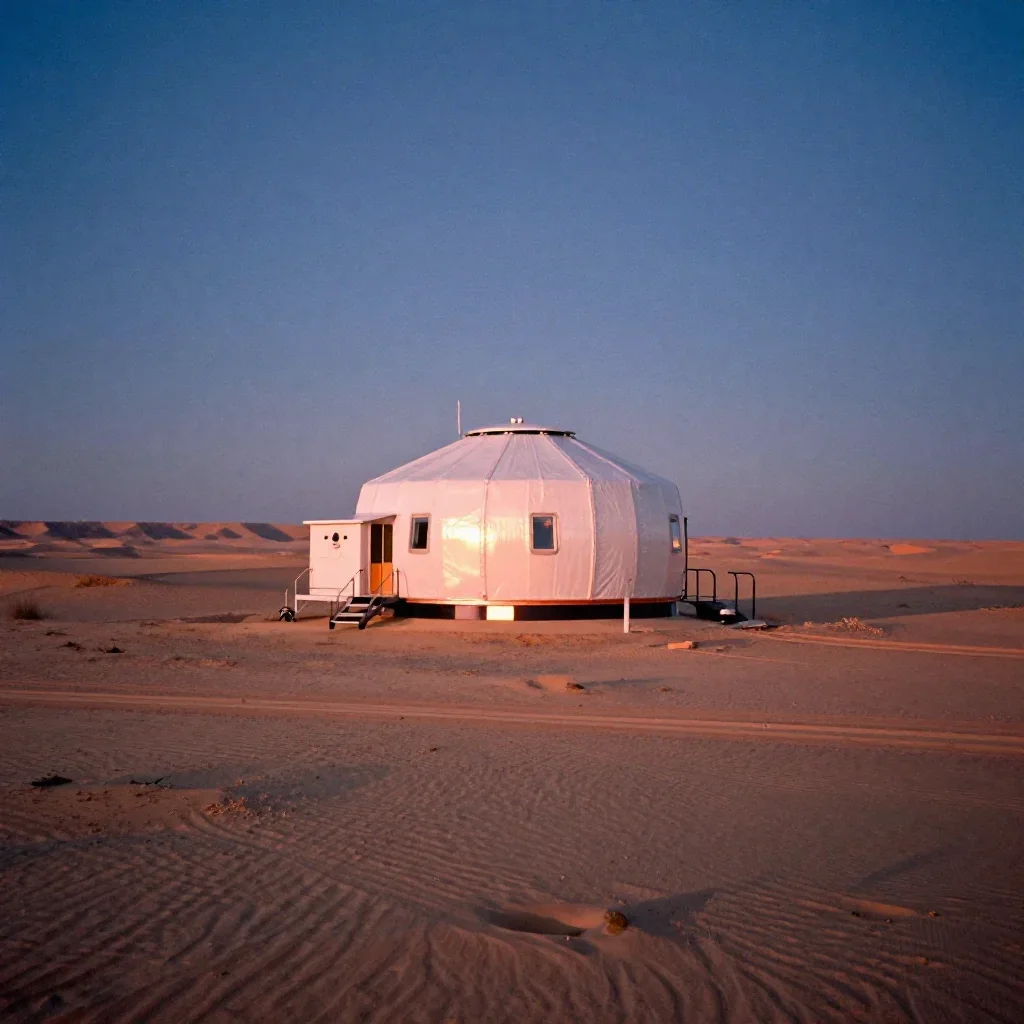 a desert research station during golden hour, soft-grain analog film photography, gentle reflected light, coral and midn