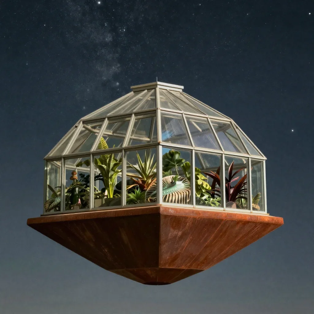 a floating botanical conservatory beneath a star-filled sky, refined editorial travel photography, careful geometric com