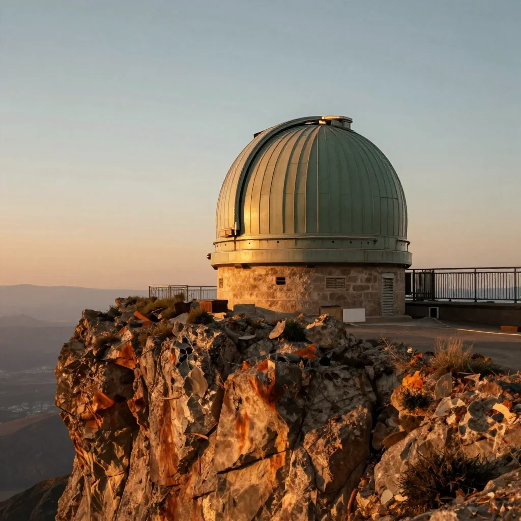 a cliffside observatory during golden hour, refined editorial travel photography, restrained color harmony, rust and sag