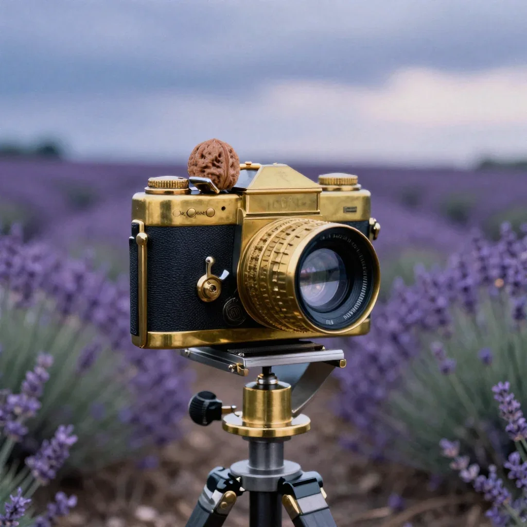 a walnut and brass field camera at blue hour, refined editorial travel photography, subtle film grain, lavender and silv
