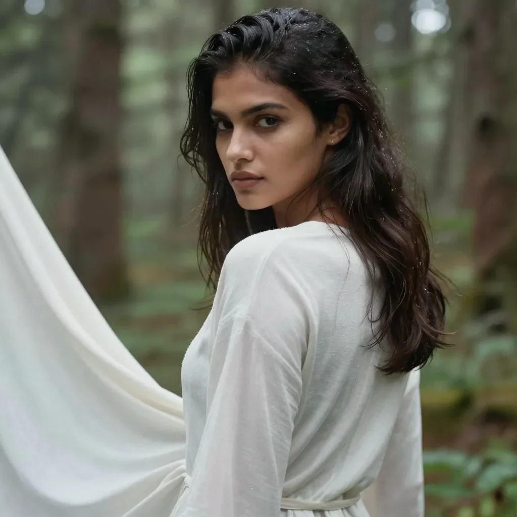 a striking woman with a smoldering over-the-shoulder gaze mid-turn with fabric catching the light, in a dewy forest clea